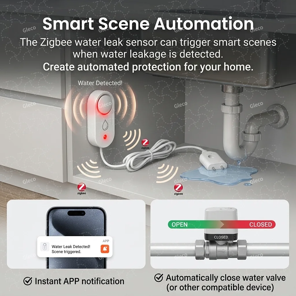 Фото Датчик протечки воды Zigbee, детектор затоплений с опциональной звуковой сигнализацией 110 дБ, датчик воды с удаленным мониторингом для 2MQTT Tuya APP №5