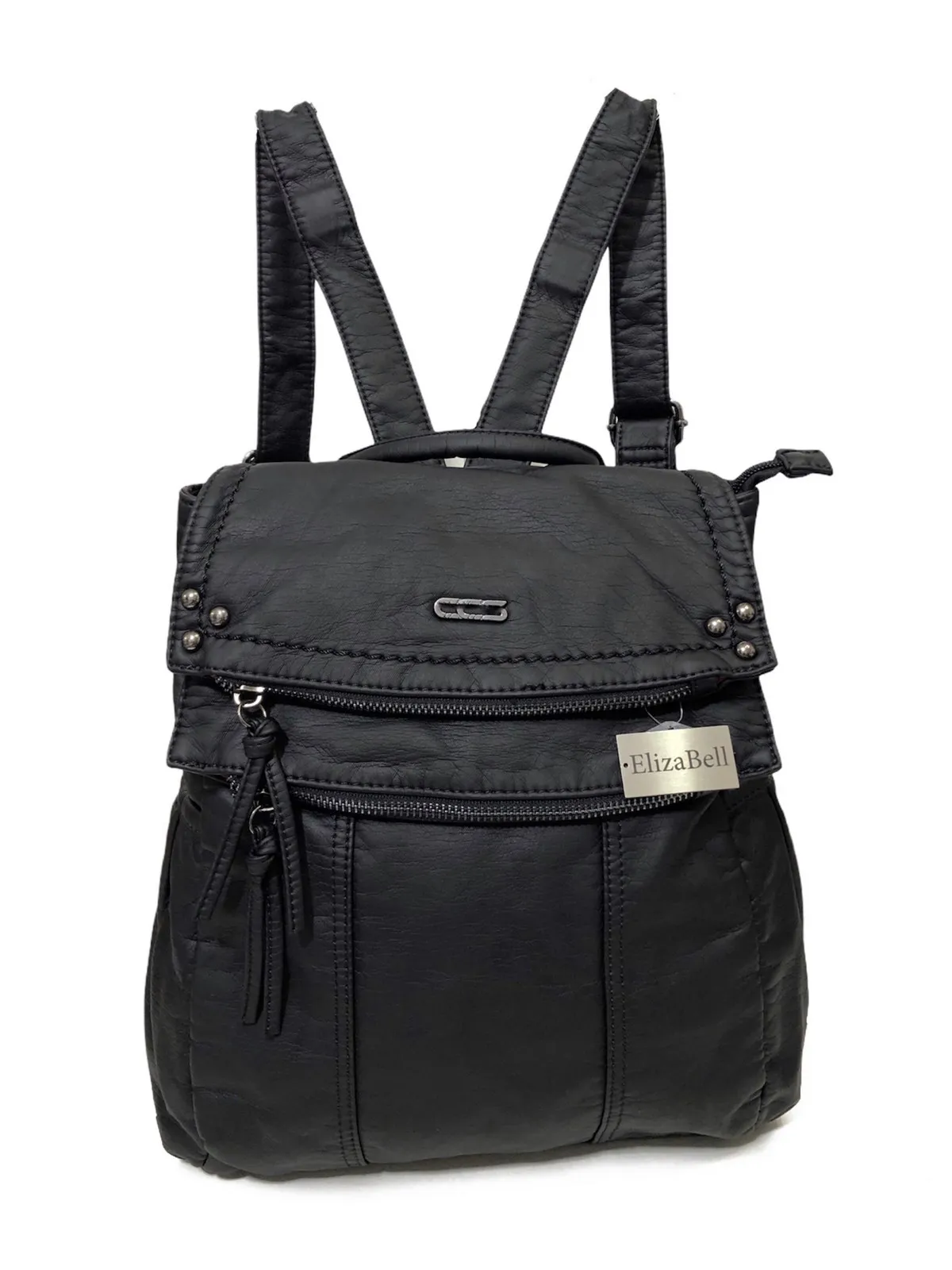 

Medium size lady soft washed leather backpack bag two-eyed size 30 cm30 Black
