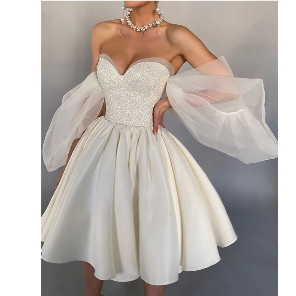 

Off Shoulder Short Wedding Dresses Ivory Sweetheart Puff Sleeves Satin Glamour Costume Brides Robe DIY Evening Formal Dress