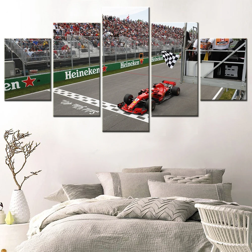 

Art Canvas Pictures On The Wall Home Decor Frame 5 Piece Sf71-h Ferrari F1 Sebastian Vettel Chequered Flag Painting Print Poster