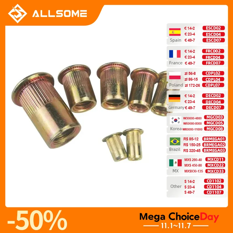 

ALLSOME Гайки-заклепки из нержавеющей стали M3 M4 M5 M6 M8 M10