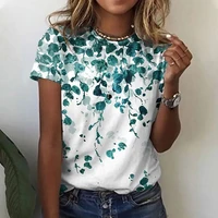 summer new green womens floral round neck shirt casual short sleeve o neck womens t shirt everyday casual top