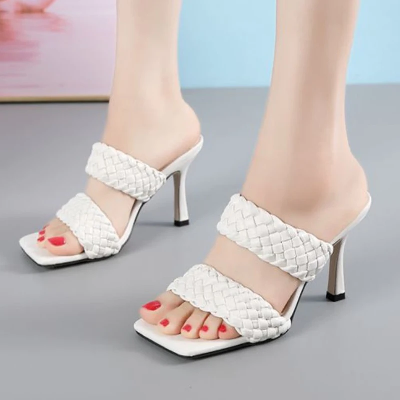 

European Solid Knitted Double Band Slingback Women Sandals Thin High Heels Shoes Women Slippers Sexy Slip on Weave Sandalias2020