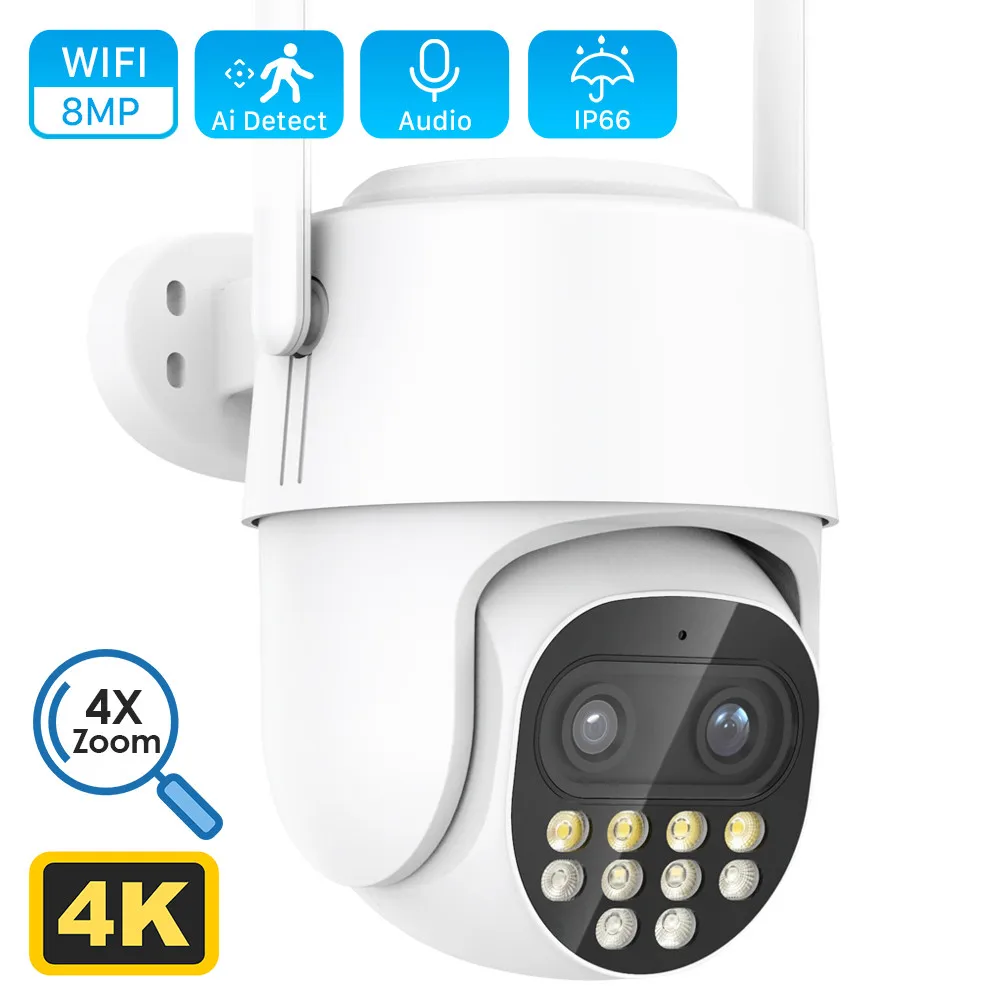 

4K 8MP PTZ IP WiFi Camera Dual Lens 8X Zoom Outdoor Security Cam 2K 4MP CCTV Video Surveillance AI Human Detection ICsee Alexa