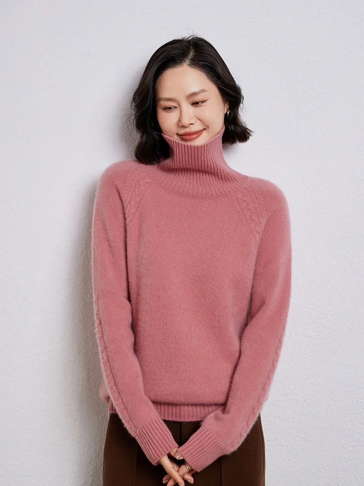 Женский вязаный пуловер с воротником-хомутом из 100% чистой шерсти