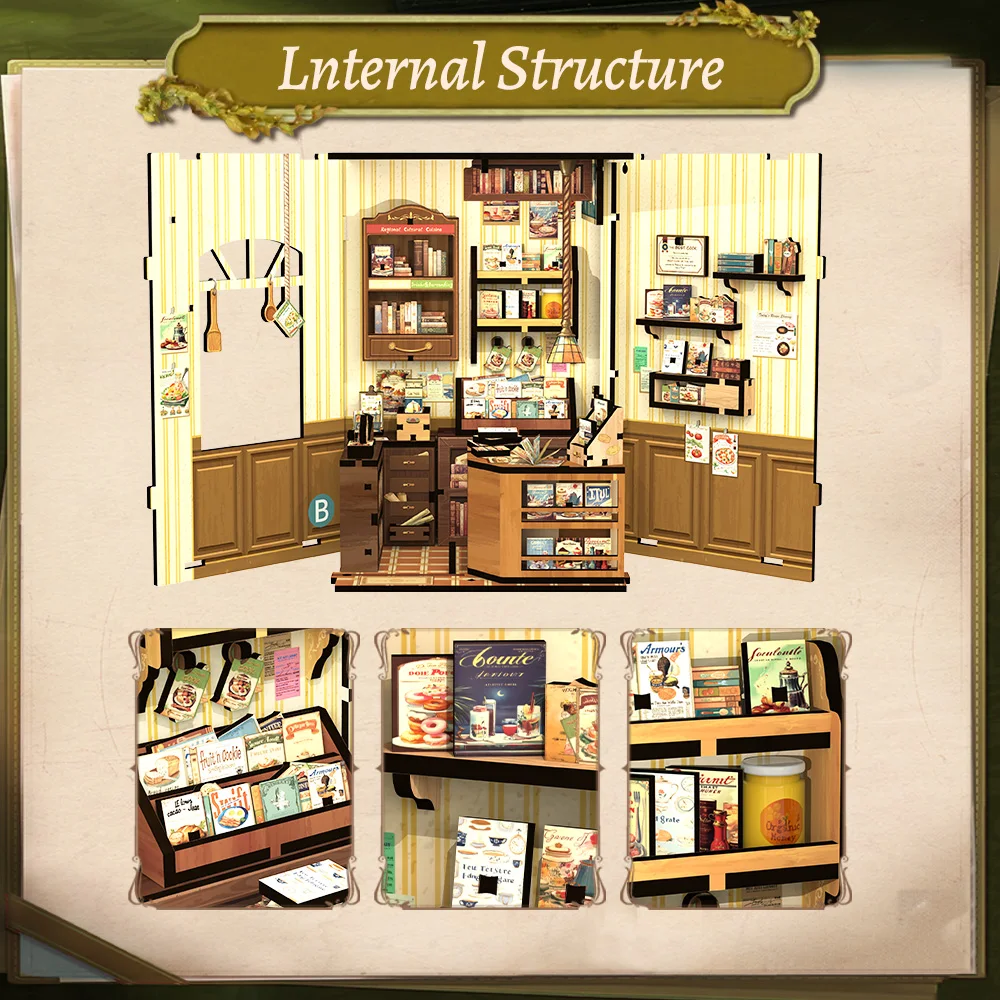 Фото CUTEBEE Book Nook Kit DIY Кукольный домик со светодиодной подсветкой Книжная полка Вставка Кулинарный книжный магазин Модель Коллекция для подарков на день рождения для детей №4