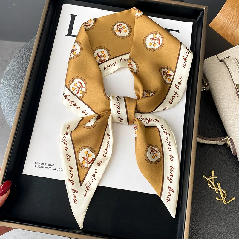 Модный женский атласный шелковый шарф с принтом фирменная сумка ленты шарфы для