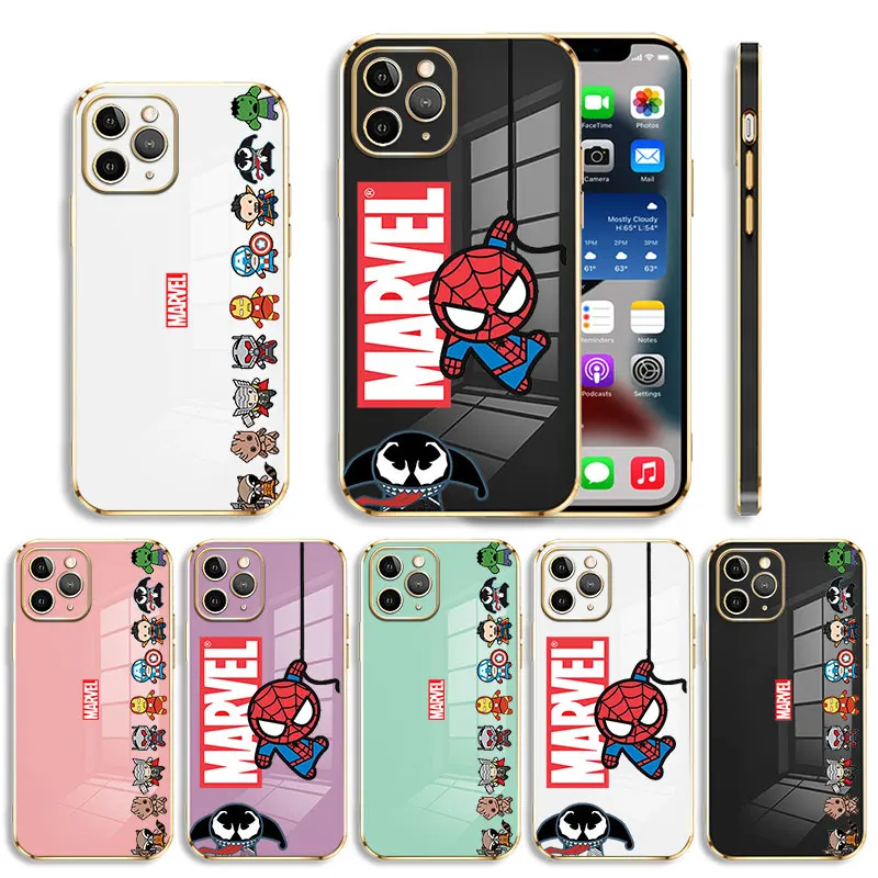 

Marvel Avenger Venom Spiderman Luxury Soft Plating Phone Case For iPhone 14 13 12 11 Pro Max Mini X XR XS Max 7 8 6 6s Plus SE