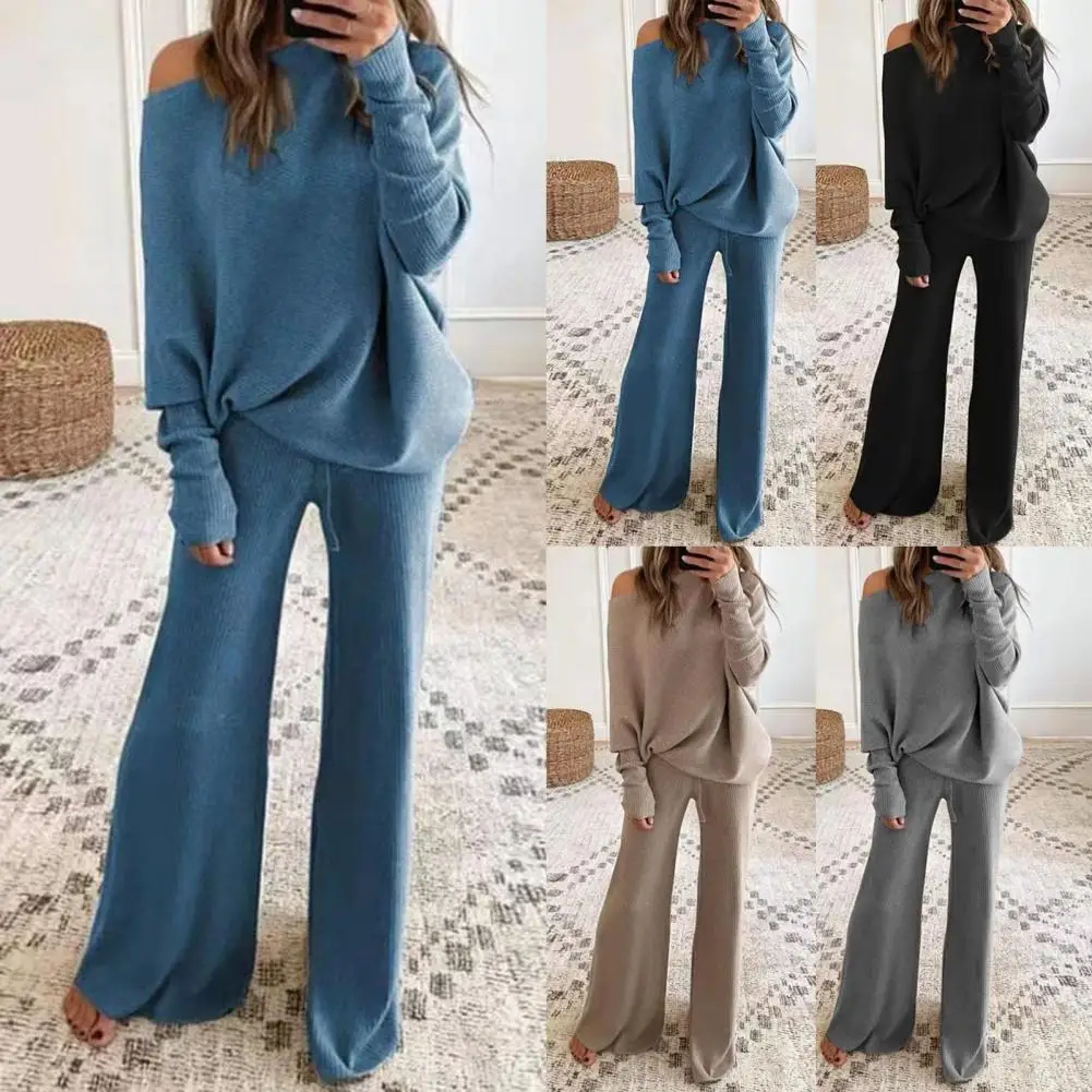 

1 Set Popular Pullover Pants Long Sleeve Wide Leg Autumn Winter Pure Color Knitting Pullover Pants