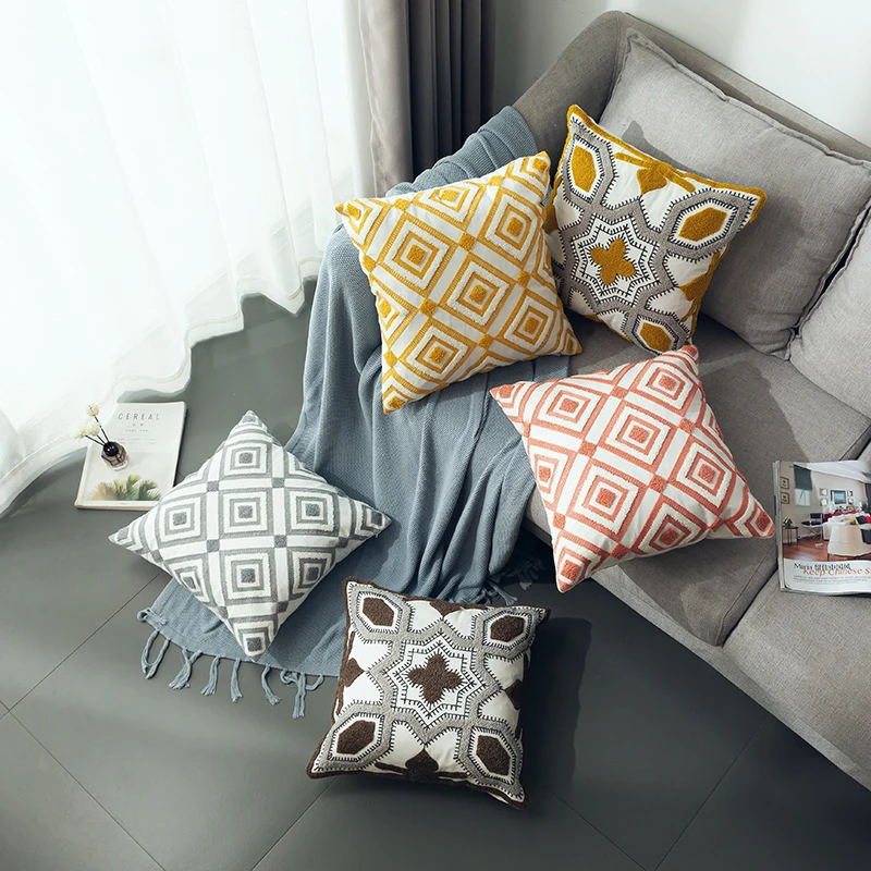 

Nordic Three-dimensional Geometric Embroidery Cushion Cover Home Decor Cotton Sofa Pillowcase Diamond Crochet Pillow Cover
