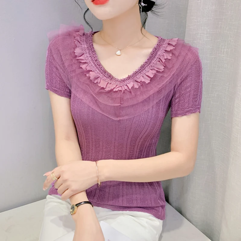 

2022 Summer New Women Tops Fashion Casual O-Neck Short-Sleeved Ruffles Knitted Pullover Solid Colir T-Shirt Clothes