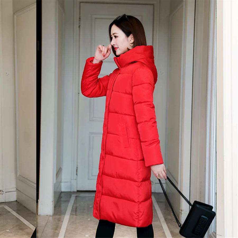 Oversized 4XL Winter Hooded Cotton Padded Long Coat Women Basic Solid Parka Warm Thick Outwear Snow Wear Overcoat Slim Sobretudo