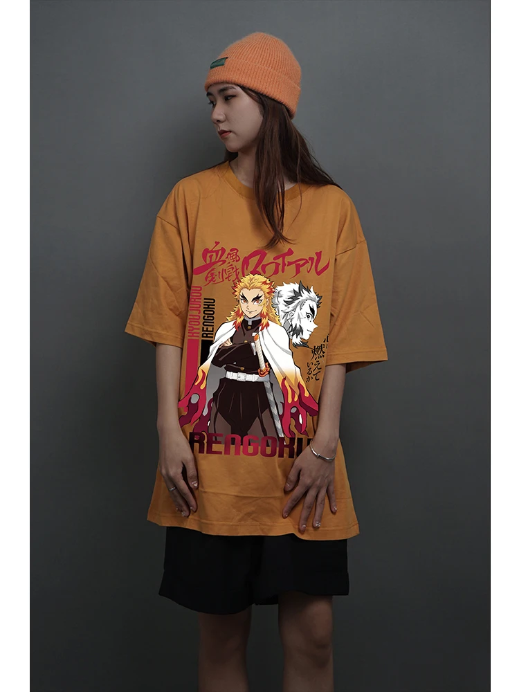 

LockTheIdea Japanese Anime Demon Slayer T-shirt Unisex Cartoon 90s Rengoku Kyoujurou Printed Short Sleeve Oversized Summer Tees