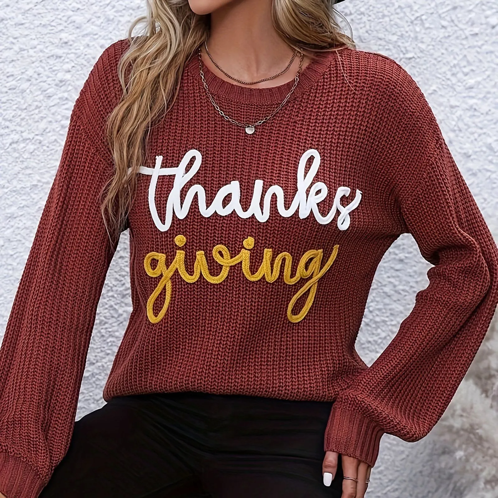 Женский Повседневный пуловер с надписью и круглым вырезом свитеры карманами