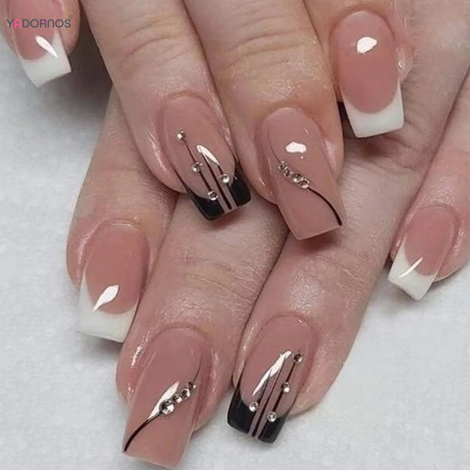 

Simple Nude Color Press on Nails White/Black French Tips Fake Nails Diamond Designs for Women Girls DIY False Nails 24Pcs