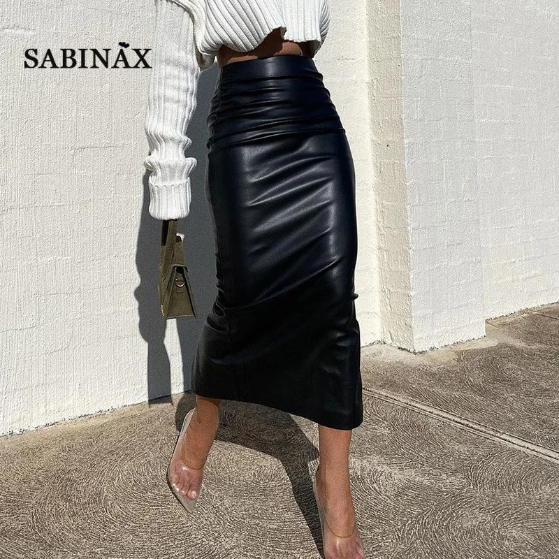 

BEENLE PU Long Skirt Woman Summer Spring Black Elegant Sexy Skirts High Waist Leather Dresses Slit Short Dress Women Clothing