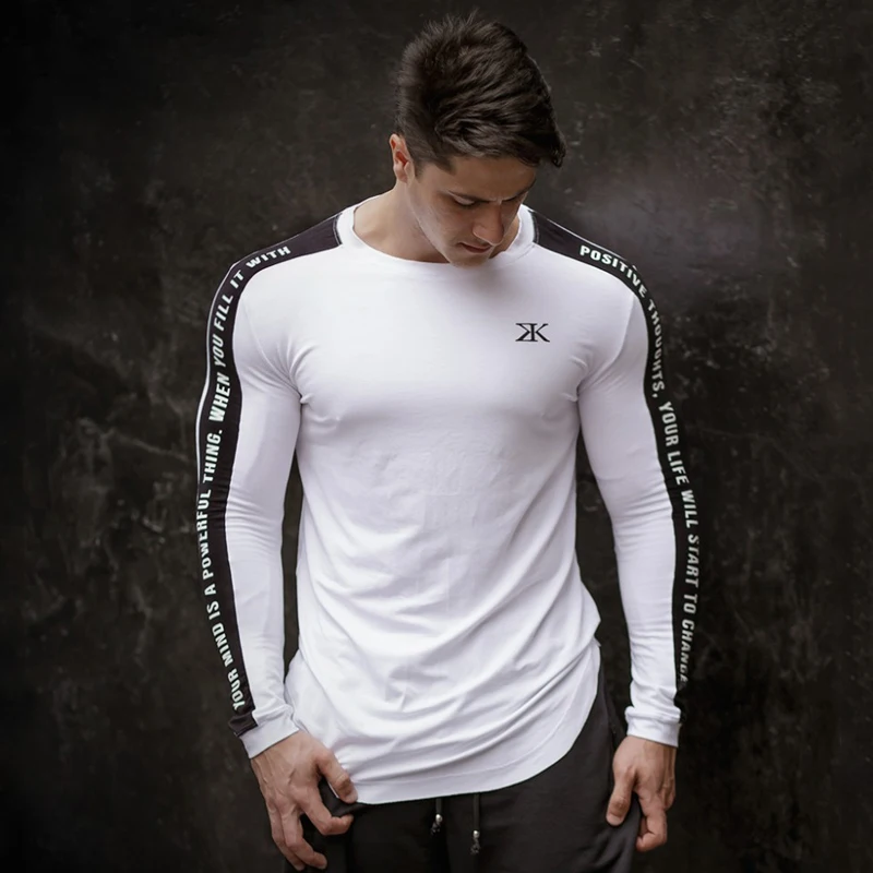 Camiseta de manga larga de culturismo para hombre, camiseta ajustada informal a la moda, camisetas de entrenamiento de Fitness p