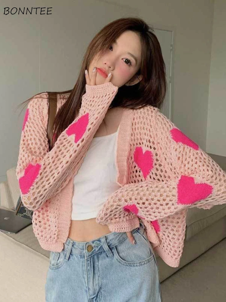 

Женский ажурный кардиган, Повседневный Нежный укороченный свитер розового цвета, универсальный модный тонкий винтажный шикарный простой весенний кардиган, Y2k