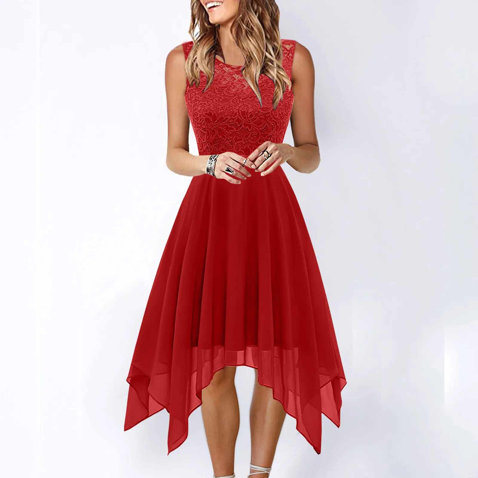 

Formal Cap Sleeve Dresses for Women Women's Lace Floral Dress Bow Belt Elegant Irregular Mini Formal Mesh Dresses for Women