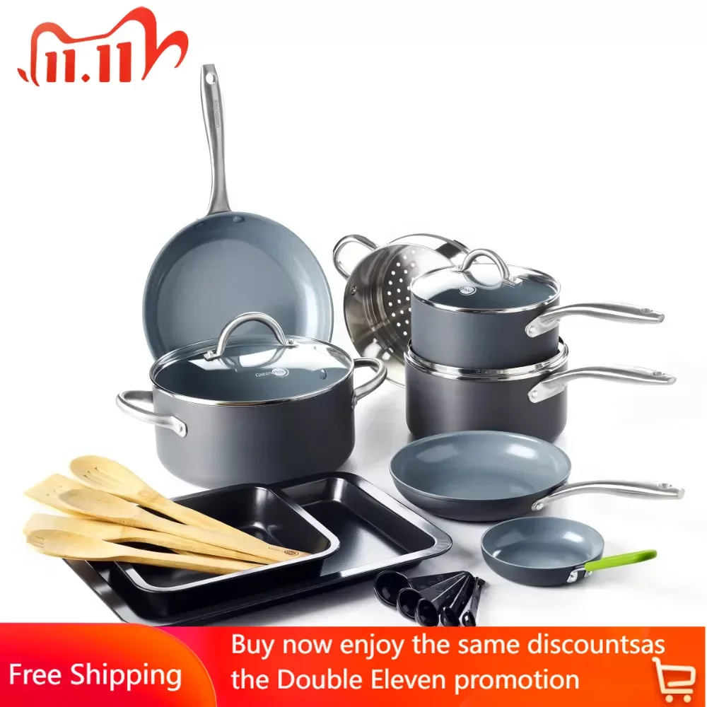 

Pot Pan Set of Kitchen Pots Sets for Cooking Free Shipping Hard Anodized Healthy Nonstick 18 Pc Cookware Set PFAS-Free Gray Kits