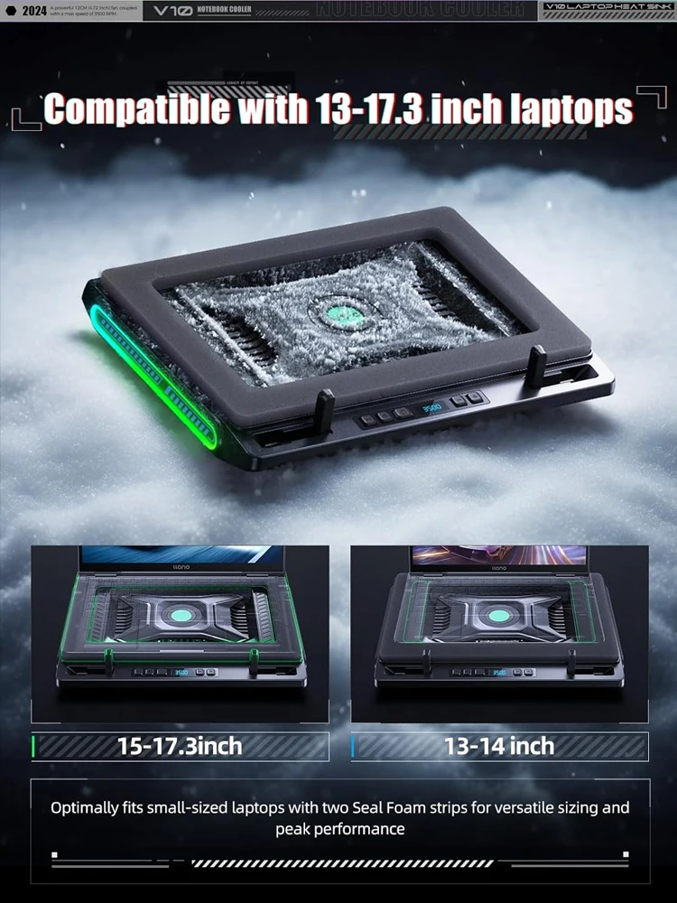 Фото Подставка-кулер для ноутбука V10 RGB с мощным внешним турбо-вентилятором диаметром 4,72 дюйма, быстро охлаждает ПК 13–17,3 дюйма, 4-портовый USB C&A №4