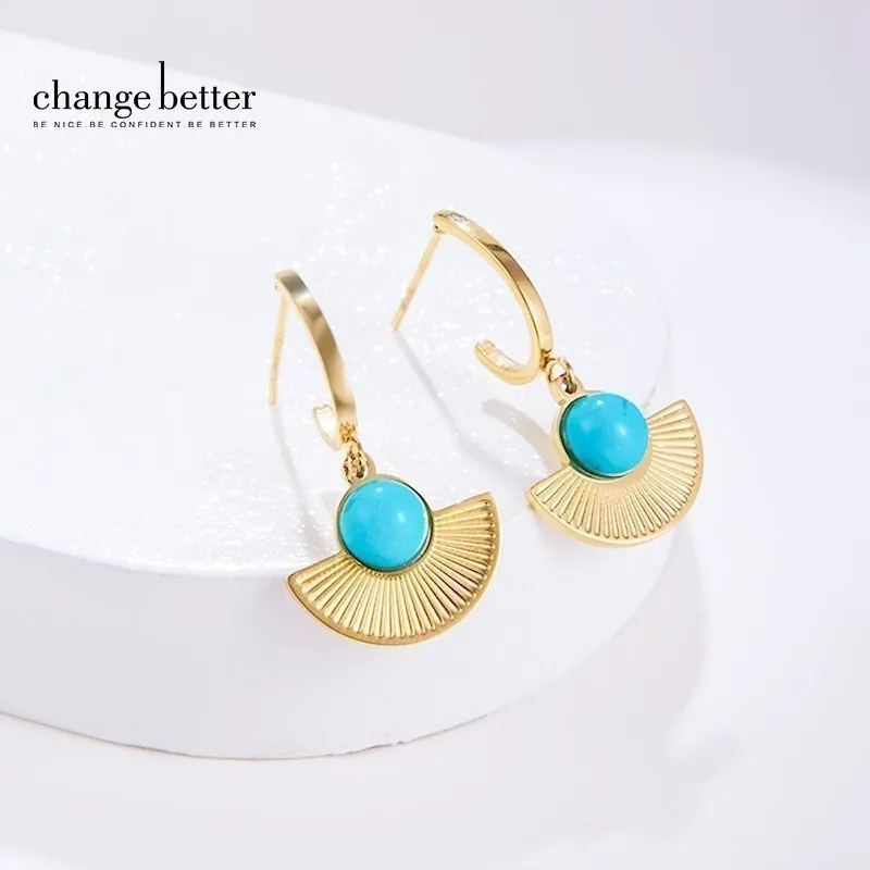 

Change Better Natural Blue Turquoise Inlay Bead Drop Earring Women Trendy Fan Shape Stainless Steel Hook Ear Studs Party Gifts