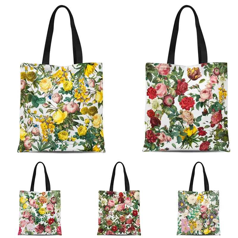 

Vintage Flowers Print Bag Female Shopping Shoulder Bag Feminism Girl Slogan Canvas Bags Women Eco Reusable Shopper Handbags