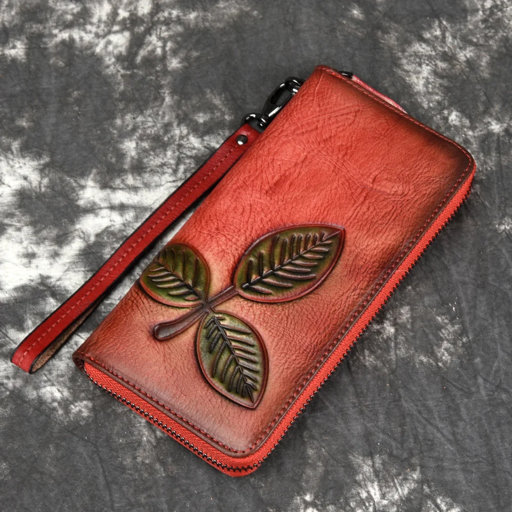 

Women Real Cowhide Clutch Wallets Vintage Long Zipper Purse Printing Greenery Female Card Holders Genuine Leather Coin Purses