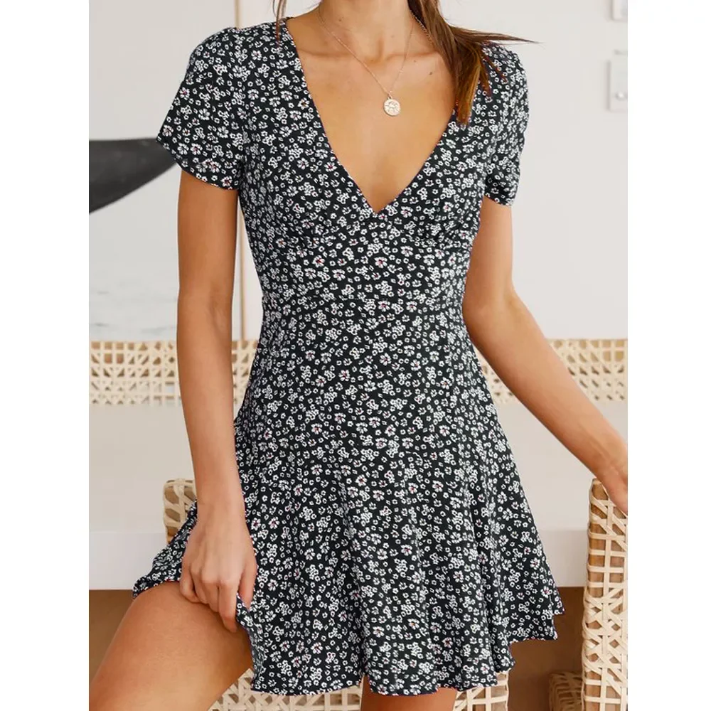 Dress Summer V-Neck High Waist Short Dress for Party Holiday Casual Lady Slim Fit Flared Mini Dress A-Line Flowers/Dots