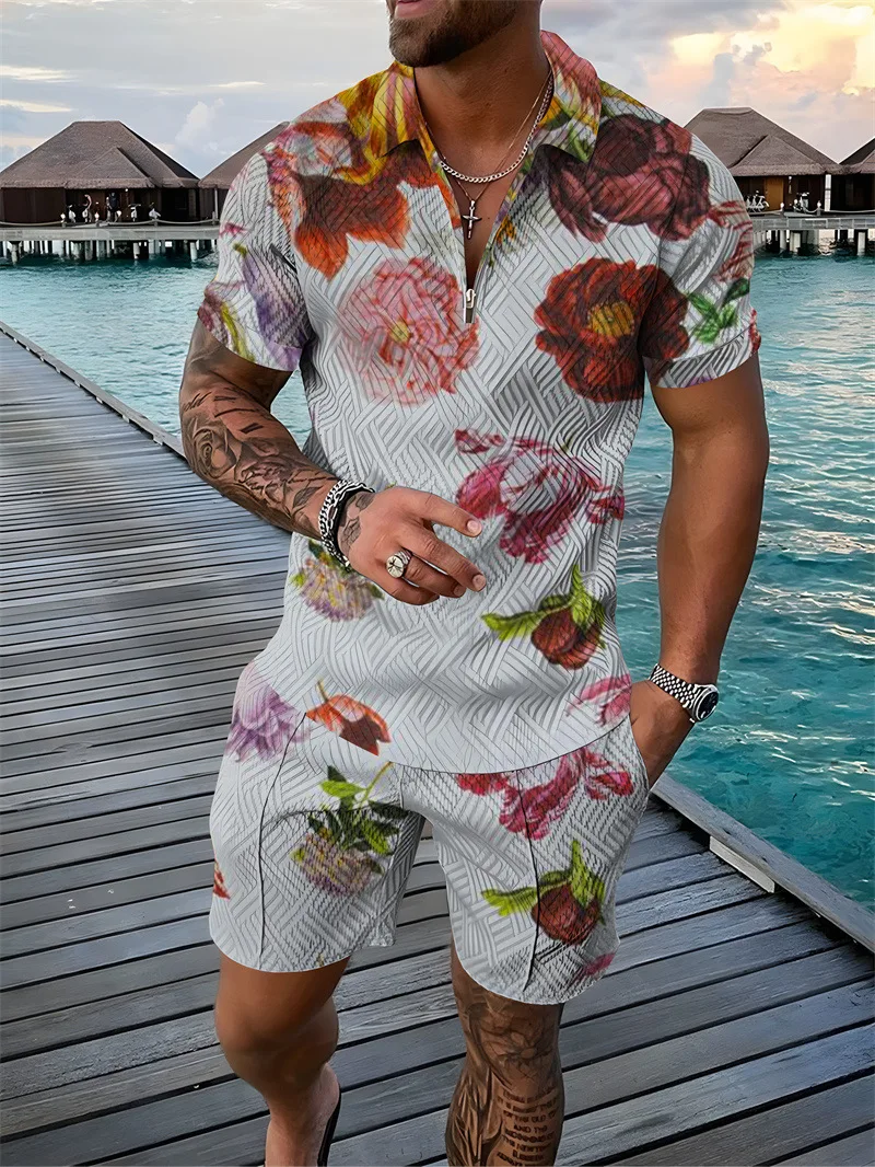 2023 Men's Short Sleeve Shorts Set Flower 3d Print Fashion Lapel Zipper Loose POLO Short Sleeve Two-piece Size S-3XL