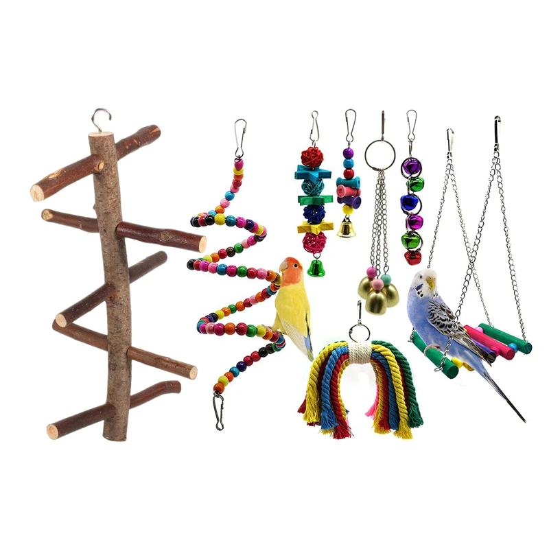 

2 Set Animal Accessories:1 Set Bird Parrot Toys, Bird Swing & 1 Set Bird Bark Rotating Ladder Parrot Cage Stand Toy