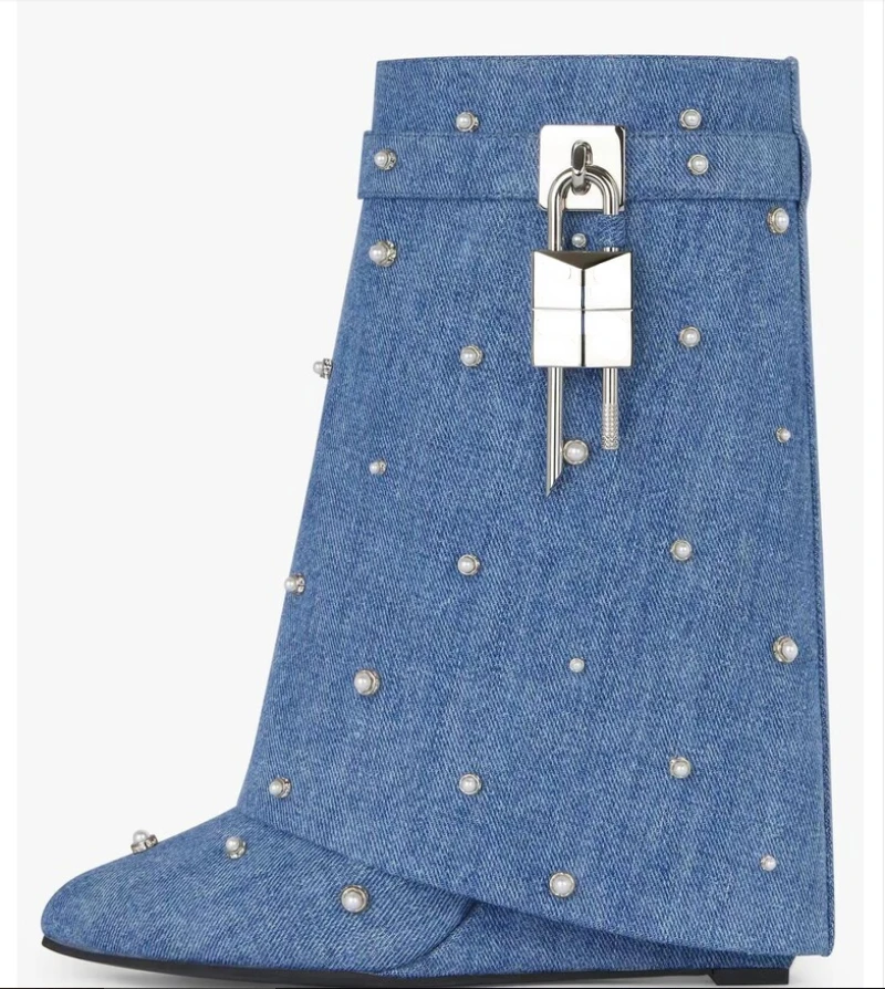 2023 Spring and Autumn Oversized Jeans Pipe Boots Metal Lock Blue Boots with Diamond Round Toe High Heel Boots Mid Sleeve Boots