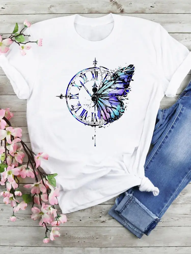

Футболка женская летняя с коротким рукавом, Милый Винтажный Топ С Рисунком бабочки, модная одежда с графическим принтом