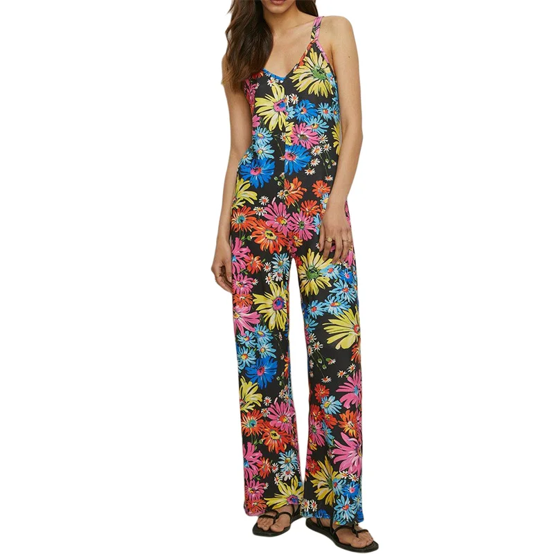 

CHRONSTYLE Vintage Women Backless Tie-up Rompers Sleeveless Floral/Sea Print V Neck Party Summer Wide Leg Long Pants Jumpsuits