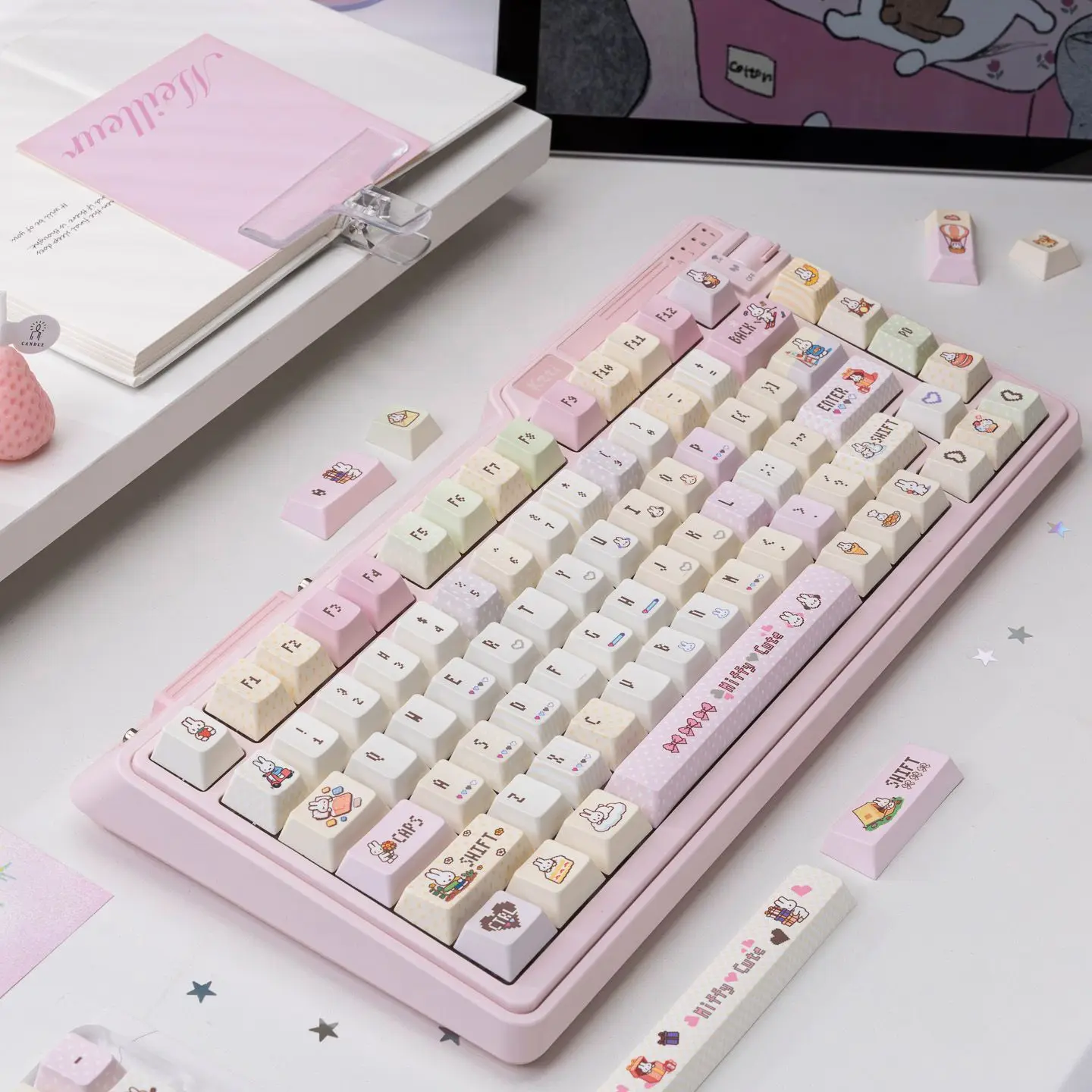 Фото Колпачки для клавиш Pixel Miffy Cute Keycaps PBT, пятисторонняя сублимационная печать, профиль OEM, сменные колпачки для механической клавиатуры, мультяшные, кавайные, милые №2