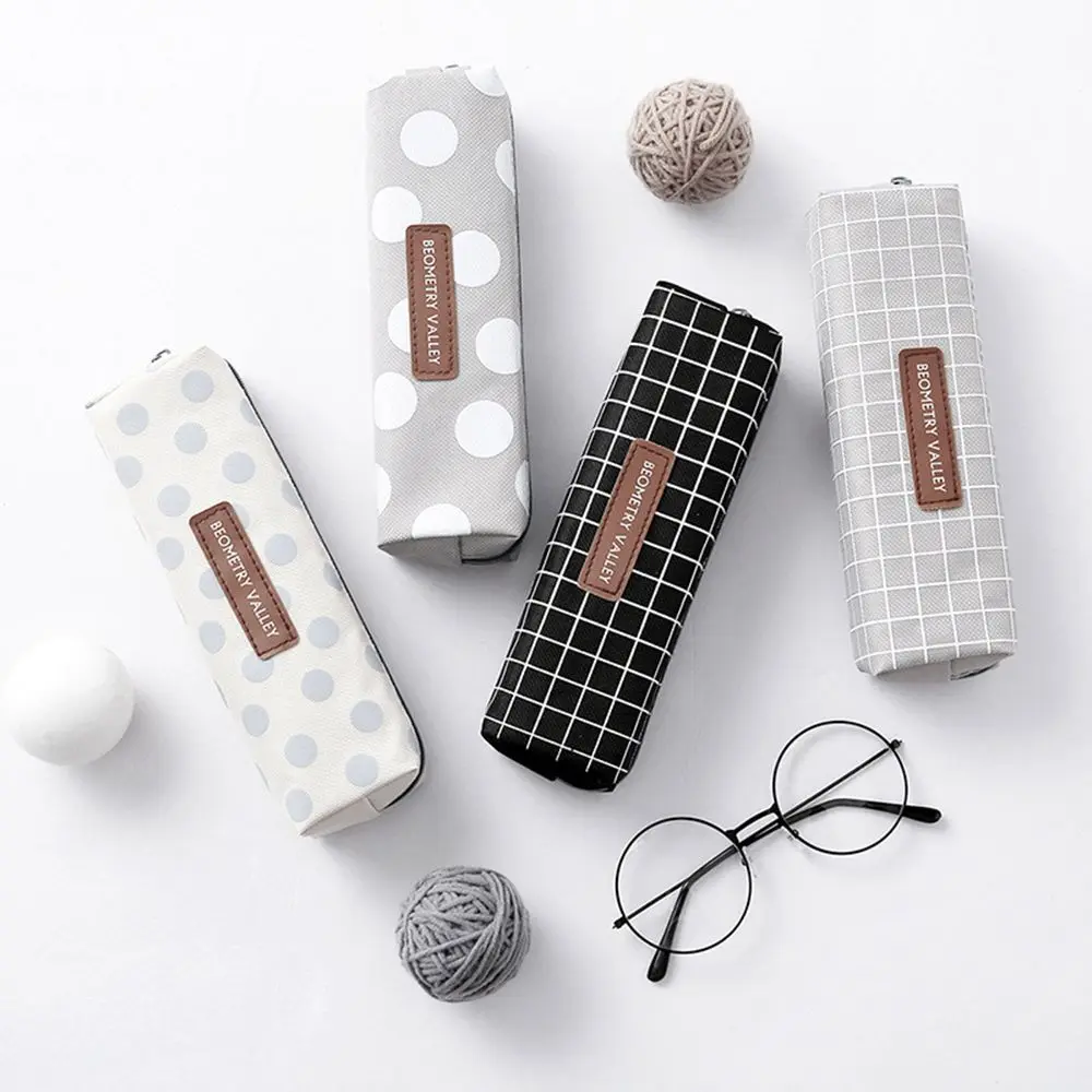 

Fresh School Supplies Lattice Dots Square Pencil Case Office Stationery Pencil Bag Canvas Material