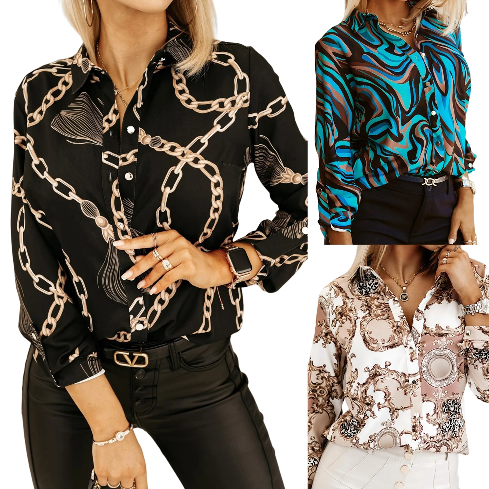 

Женская блузка с длинным рукавом, рубашка с цветочным принтом на весну и осень, элегантная Базовая Свободная блузка в стиле барокко для отпуска