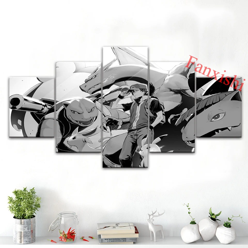 

Anime Vintage Poster Pokemon 5 Pieces Painting Posters Wall Art Prints Canvas Modular Pictures For Living Room Home Decor Gift