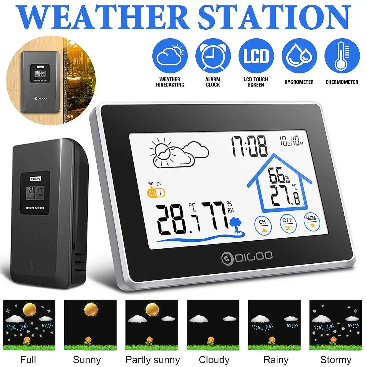 

Digoo DG-TH8380 Wireless Touch Weather Station Indoor Outdoor Forecast Sensor Thermometer Hygrometer Meter Calendar Backlight