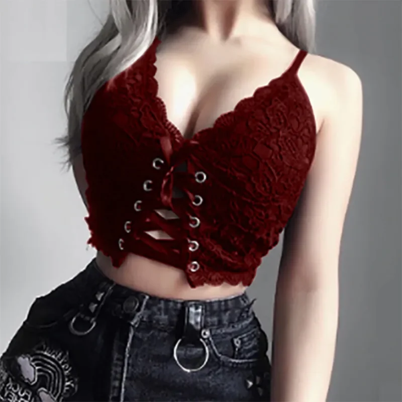 

Sling Lace Bandage Goth Casual Camisole Women Solid Sexy Streetwear Skinny Camis Halter Sleeveless Slim Female Crop Tops