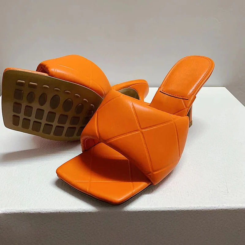 

Promotion Thin High Heel Bread Slippers Women Square Toe Real Leather Sandalias Summer Lazyman Ladies Runway Party Dress Shoes