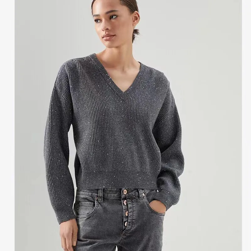 

Женский трикотажный кашемировый свитер с длинным рукавом и V-образным вырезом