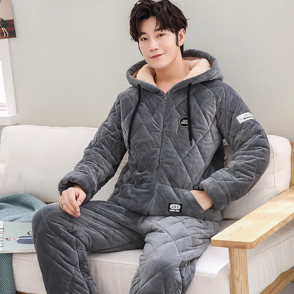 

3-layer Home Loose Men Sleepwear Thick Flannel Cotton Pajamas Pajama Men's Big Pajamas Trendyol Size Hooded Wear for Sets Winter