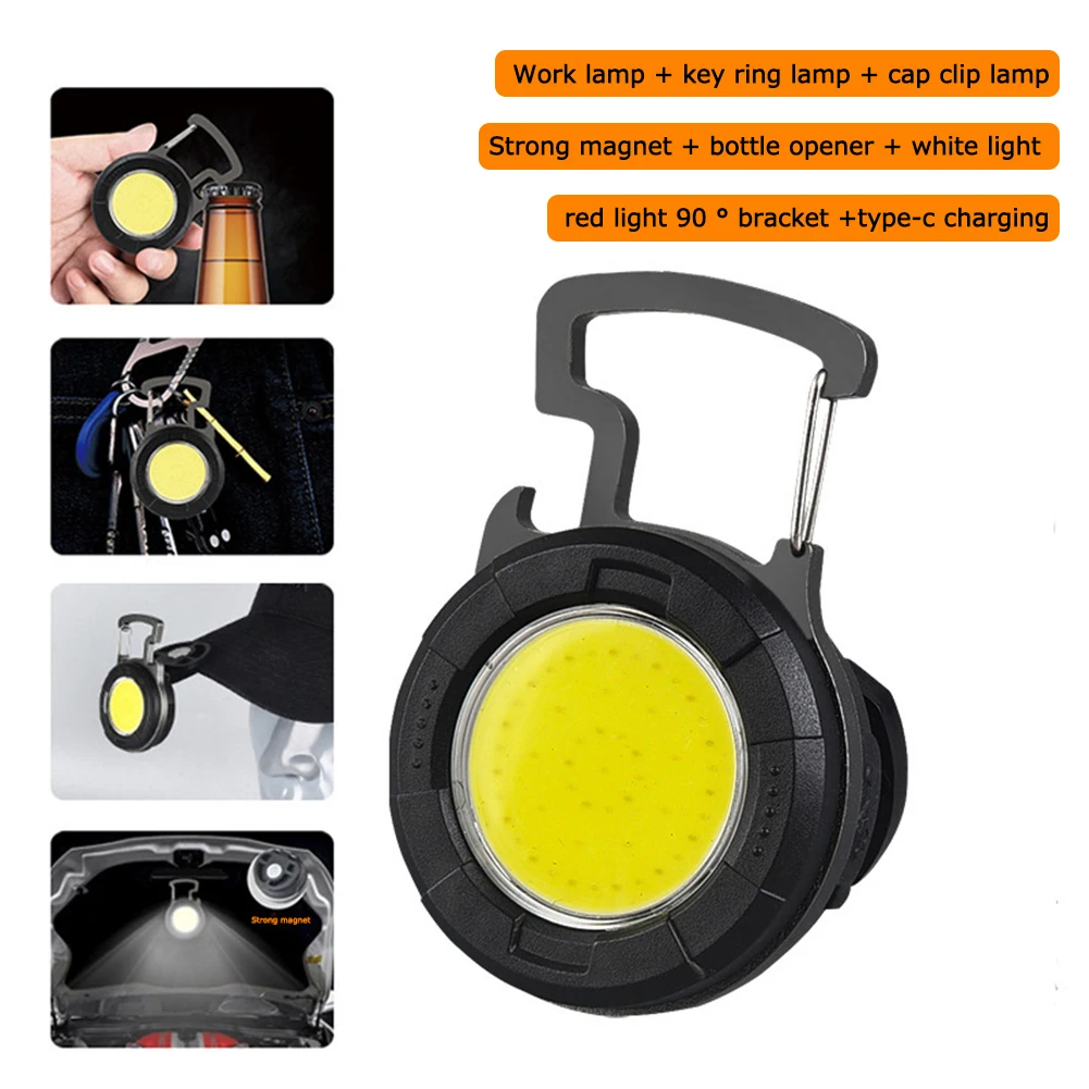 

Multifunction COB LED Mini Flashlight with Keychain Camping Survival Bottle Opener Type-C USB Rechargeable Waterproof Work Lamp
