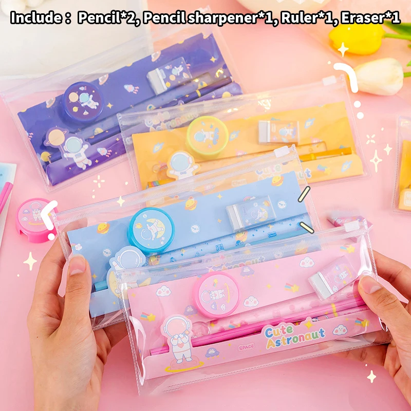

1 Set Cute Cartoon Pencil Set Children's Day Birthday Gift School Supplies Student School Stationery Ruler Eraser Sharpener