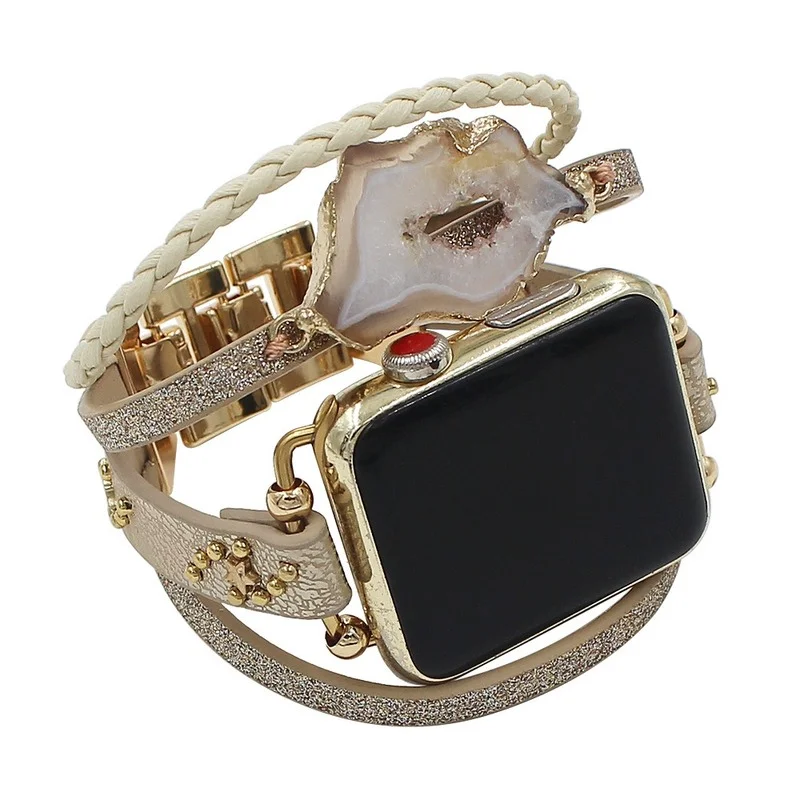 Natural Stone Multilayer Leather Bands for Apple Watch Bands 38mm 42mm, Soft Leather Bands for Iwatch Series 4 5 6 7 SE Bracelet