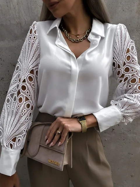 Branco sexy lace oco out blusa das mulheres 2023 primavera preto vintage button up shirts top manga longa malha design tops femme 19948 6