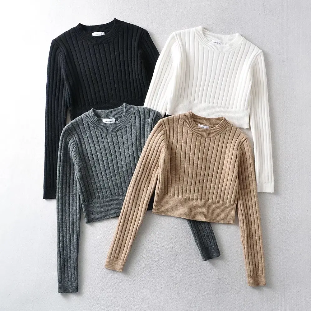

Winter Casual Knitted Striped Crop Tops Sweaters For Women O Neck Long Sleeve Slim Stretch Pullover Streetwear Knitwear Clothes