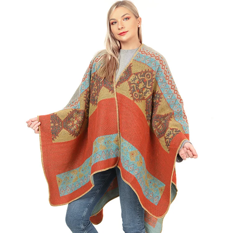 

Осенне-зимняя двухсторонняя накидка, женское вязаное пальто, теплое пончо из искусственного кашемира, женские накидки, желтые плащи