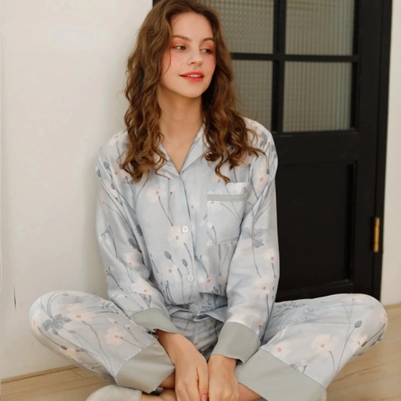 

Floral Print Women's Pajama Set Satin Summer Ladies Sleepwear Long Sleeve Spring Silk Single Breasted Pijama For Female 2022